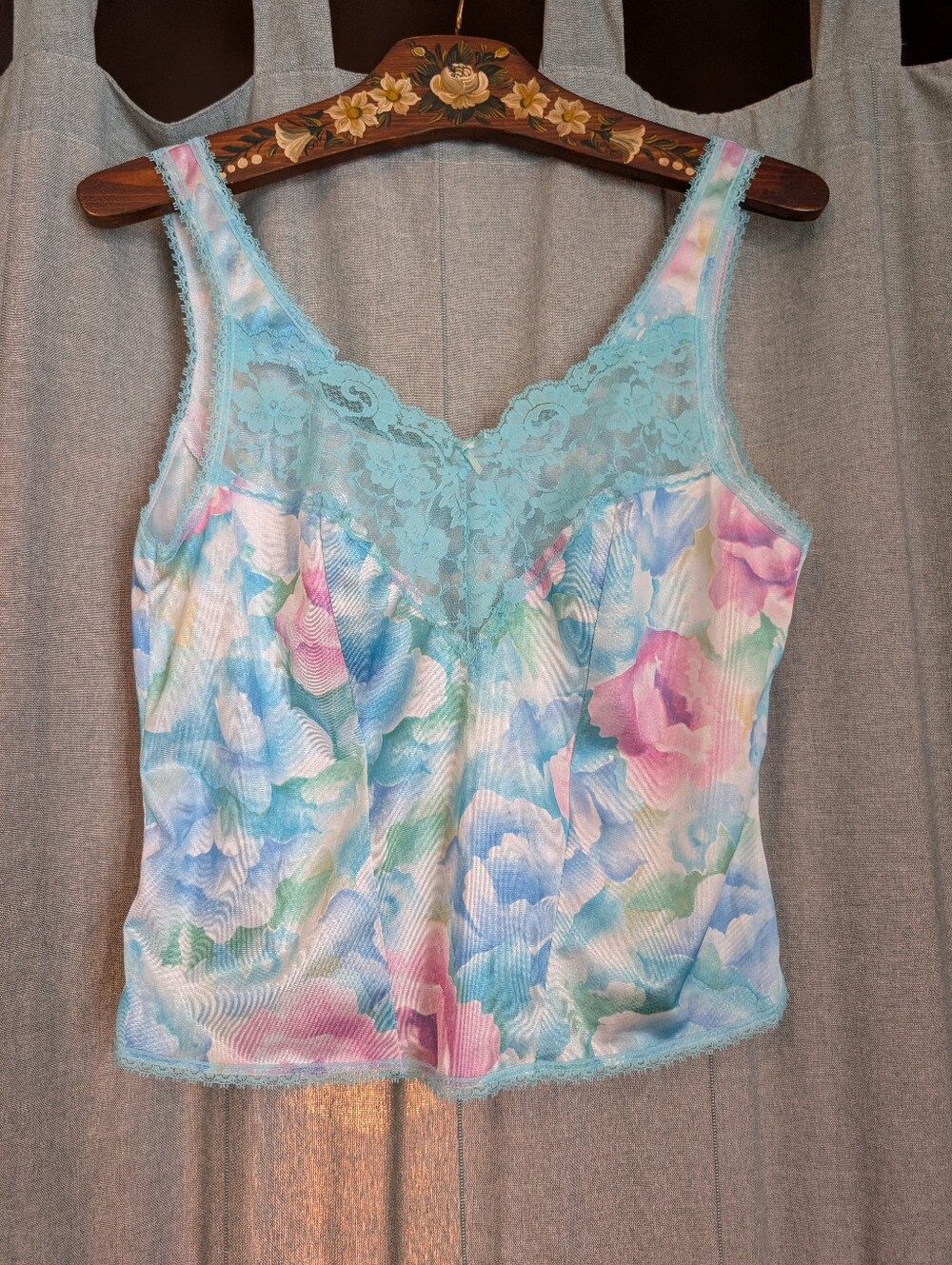 Pastel Floral Lace Trim Camisole - Aqua & Multi
